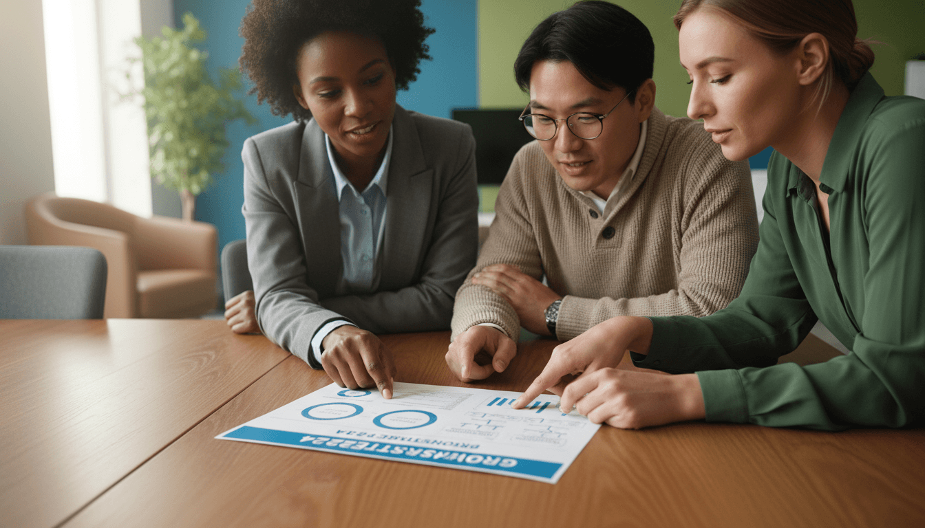 Three diverse professionals collaboratively reviewing business strategy document together at table