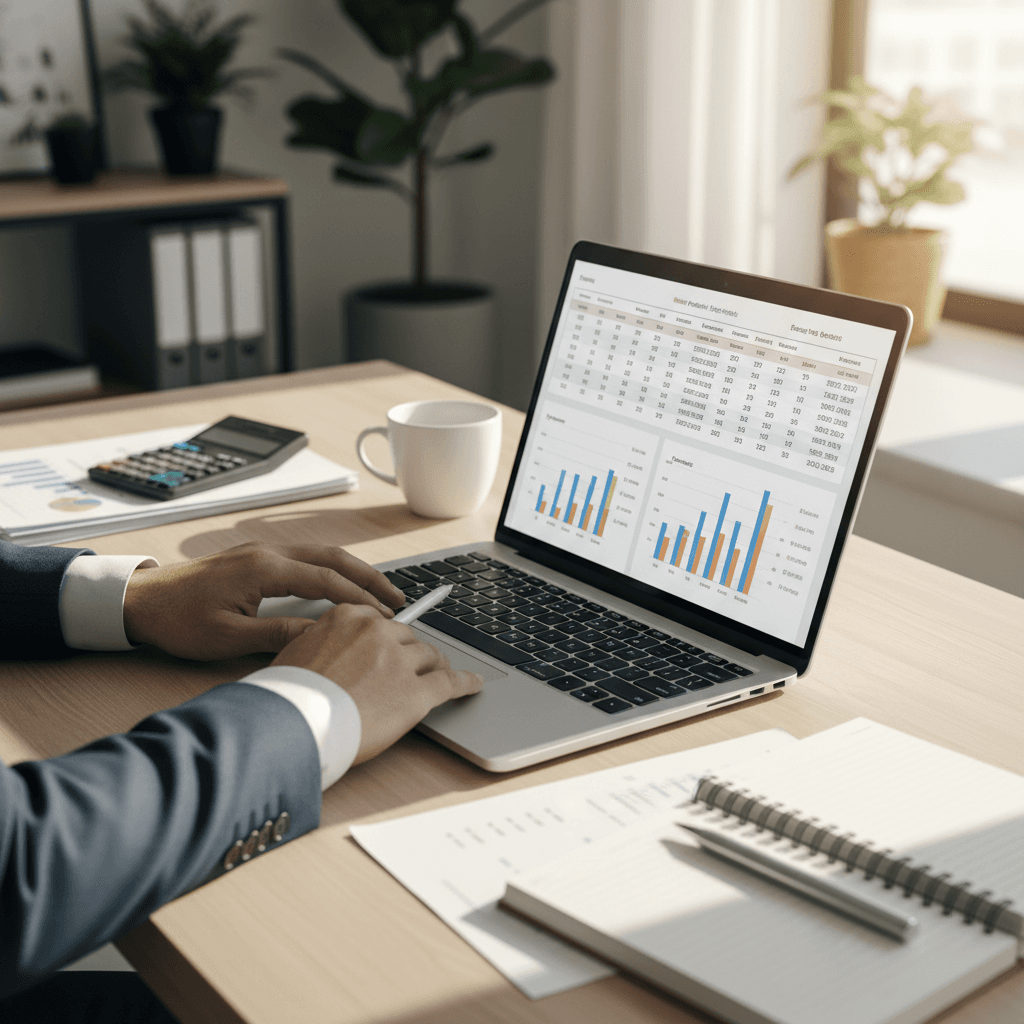 Small business owner reviewing financial documents at desk